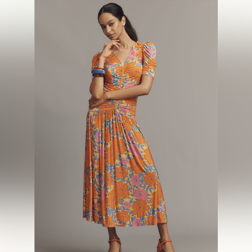 Farm Rio x Anthropologie Short Sleeve V-Neck Ruched Midi Dress Large